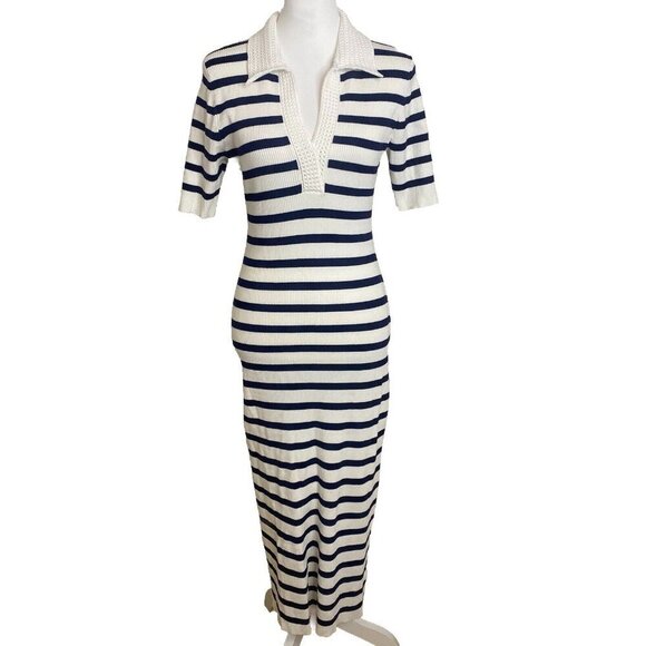 $695 CAROLINE CONSTAS Knit Stretch Midi Dress Striped White/Navy Bodycon L - Picture 3 of 11